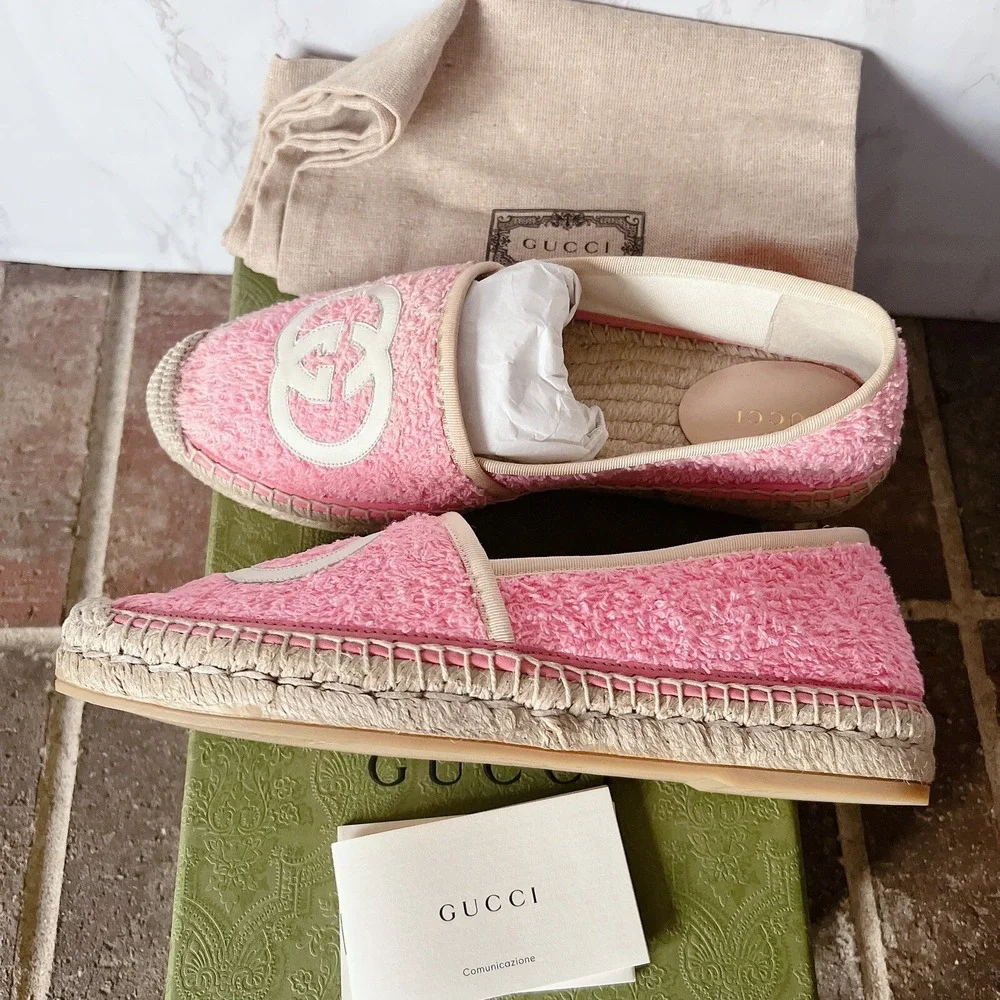 Gucci GG Logo Monogram Interlocking G Terry Espadrille Flat Pink Womens EU 36